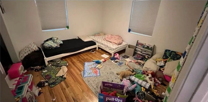 Disorganized bedroom before house cleaning in Espoo